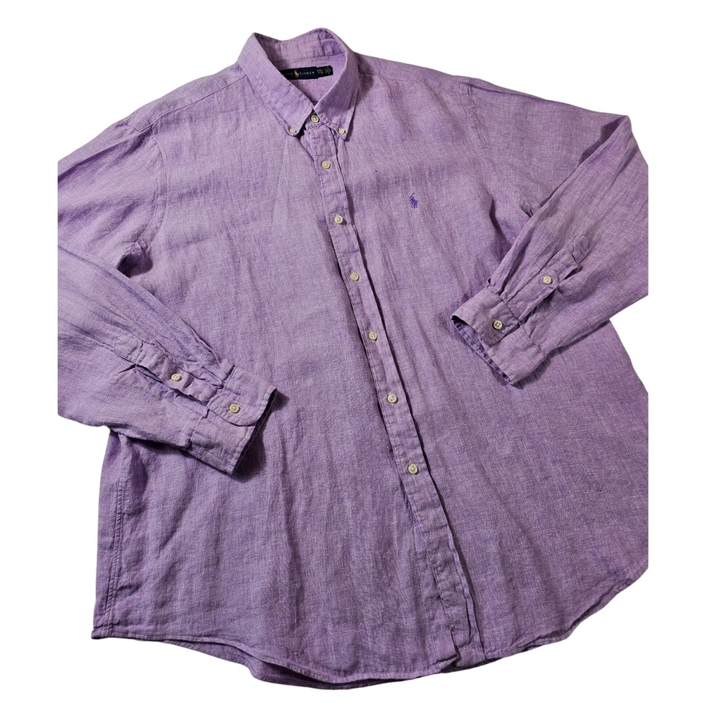 Polo Ralph Lauren Mens XXL Purple 100% Linen Button Down Shirt Long Sleeve Pony